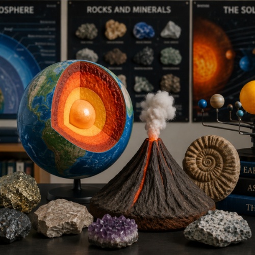 A globe cut away to show Earth's layers is surrounded by a volcano model, fossil, and mineral samples. Posters illustrating Earth's atmosphere, rocks and minerals, and the solar system provide additional Earth and space science context.