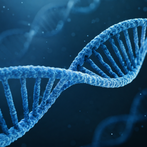 A glowing DNA double helix is shown in the foreground, with additional DNA strands fading into the background to represent genetics and DNA structure.