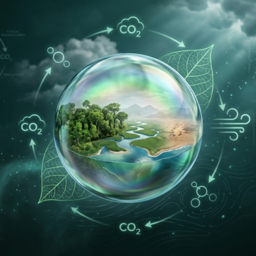 An artistic illustration of Earth features a forest, river, and beach scene, with surrounding elements that represent the movement of carbon through Earth's systems.
