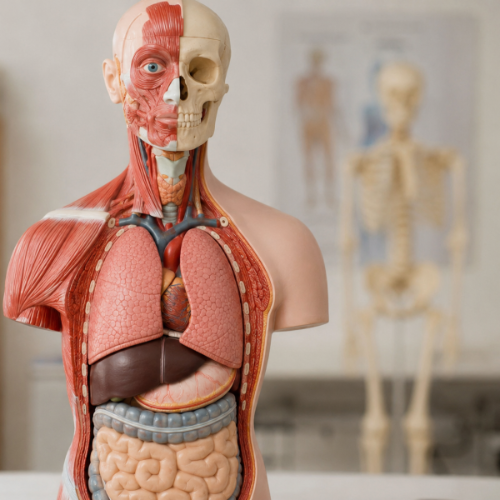 A detailed human anatomy model displaying the major internal organs is shown in the foreground, with a full human skeleton model in the background.