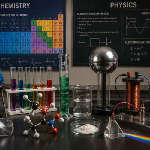 A classroom workspace filled with vials and diagrams in the foreground; two posters in the background displaying the periodic table and physics equations.