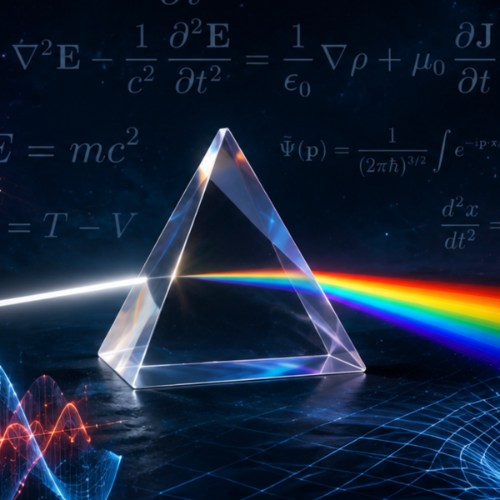 A glass prism refracts a beam of white light into the colors of the visible spectrum, with physics formulas and equations displayed in the background.